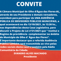 Câmara realizará Audiência Pública para discutir Projeto de Lei nº 21/2021 que “ Institui o Regime de Previdência  Complementar no ambito municipal.